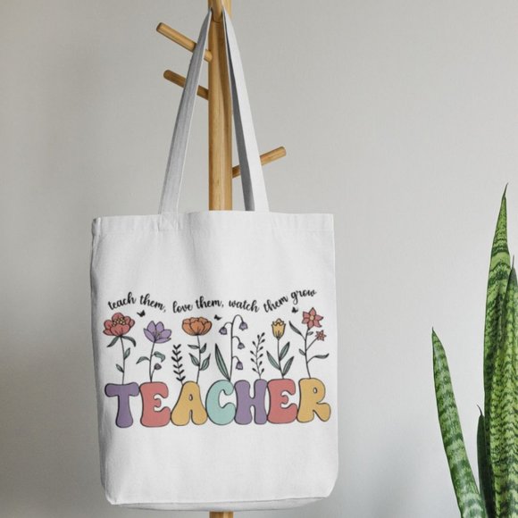 Teacher Floral Canvas Tote Bag - Picture 1 of 2